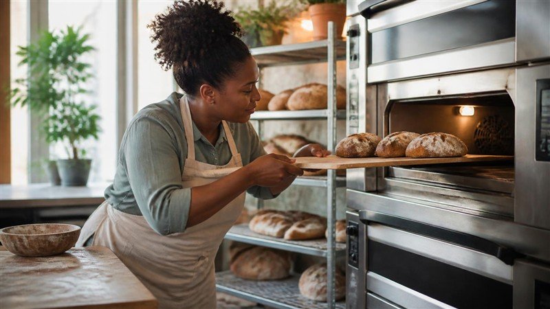 Baker in apron sliding a tray of bread into a commercial deck oven