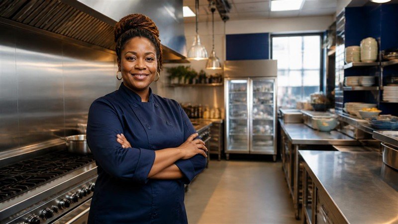Female restaurant owner in blue chef jacket standing proudly in a modern commercial kitchen