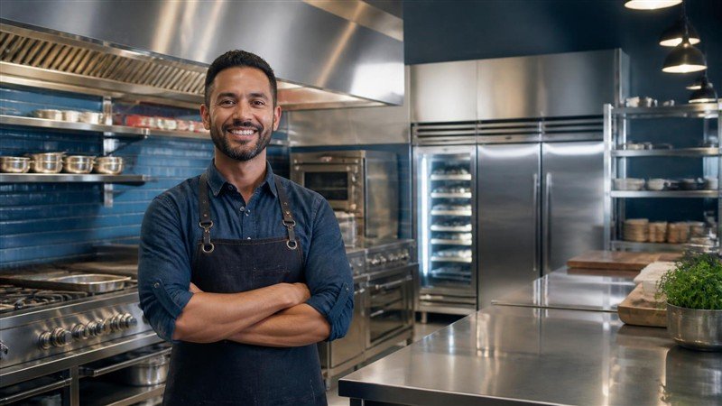 Male restaurant owner in blue apron standing proudly in a modern commercial kitchen