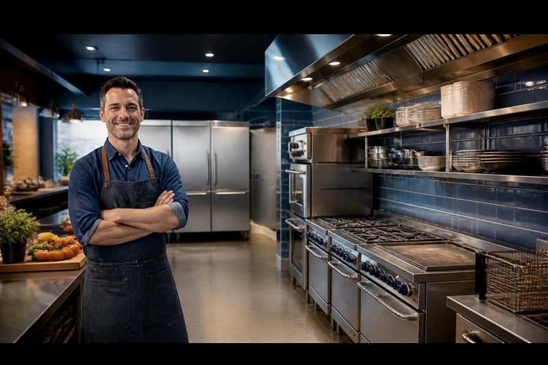 Male restaurant owner in blue denim apron standing proudly in a modern commercial kitchen