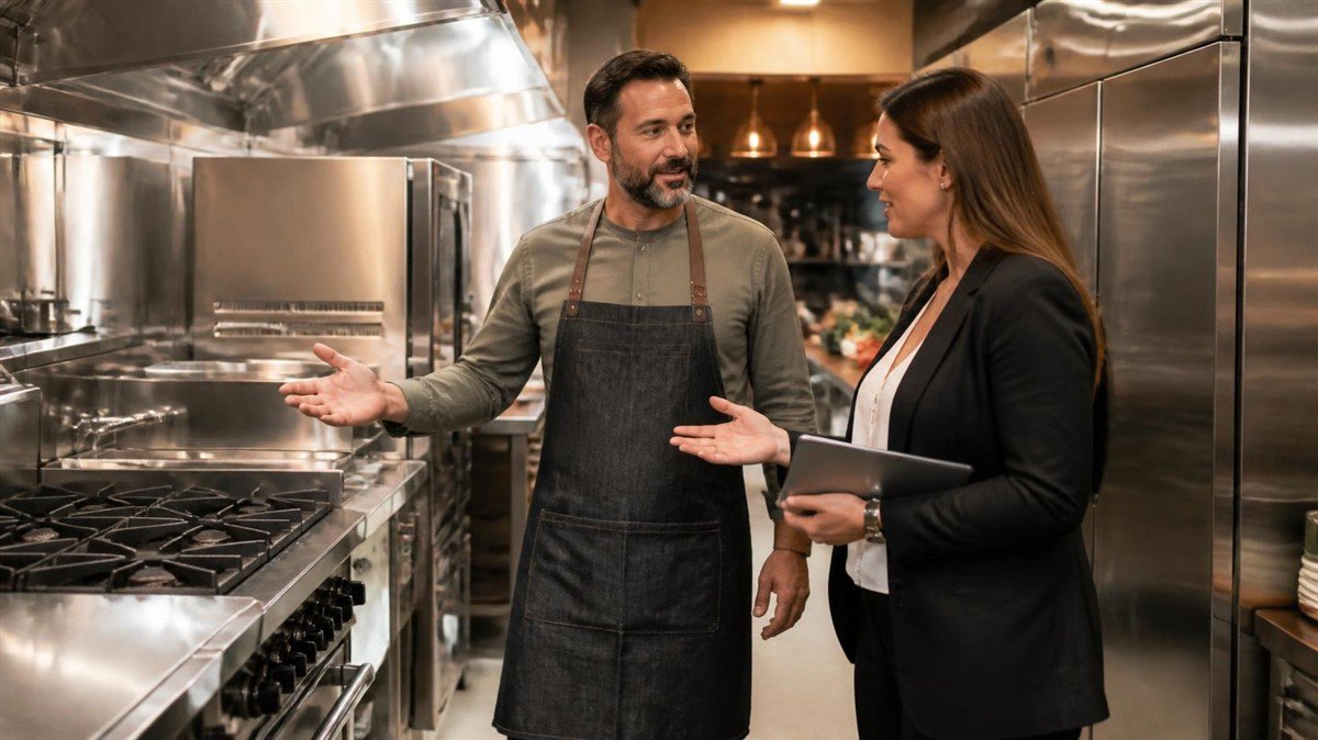 Restaurant owner discussing financing with FED representative in a commercial kitchen