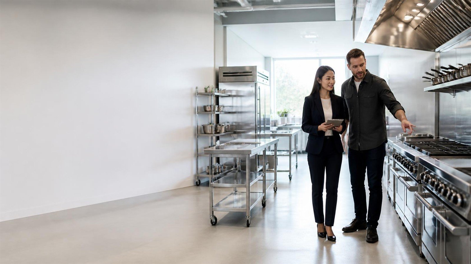 Restaurant owner and FED representative reviewing financing options on a tablet in a commercial kitchen