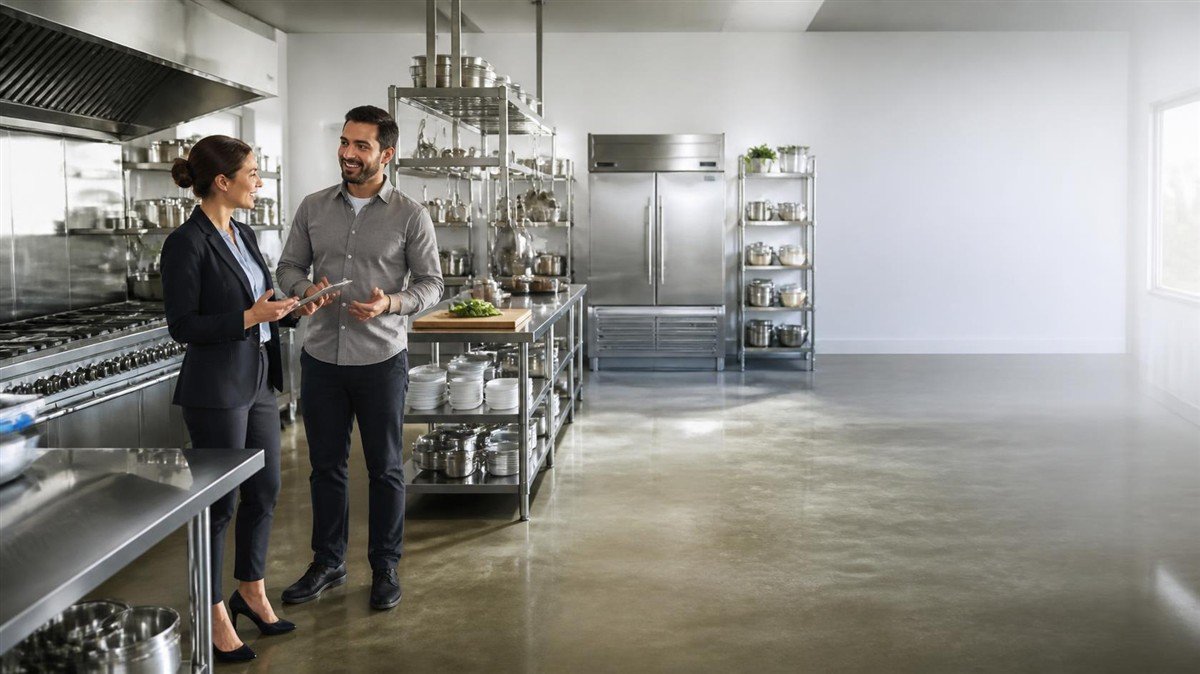 Female finance representative showing equipment options to restaurant owner in a bright commercial kitchen