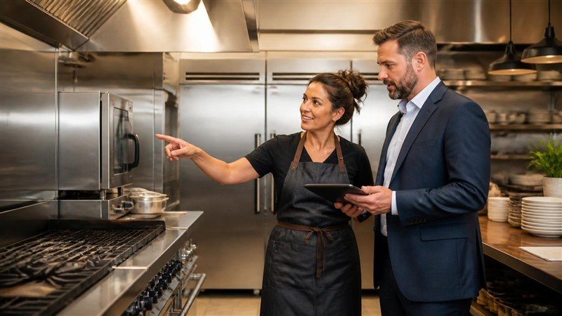 Restaurant owner pointing out equipment to FED representative in a commercial kitchen