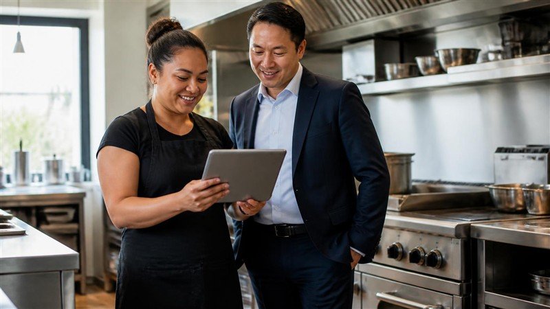 FED representative reviewing financing calculator on tablet with restaurant owner