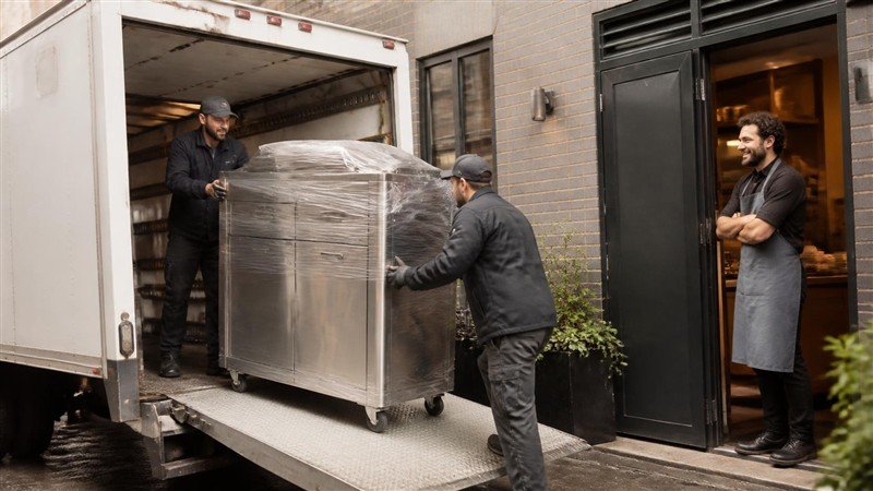Delivery crew unloading new commercial kitchen equipment while owner watches