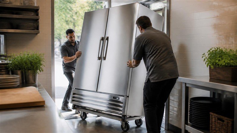 Delivery crew unloading new commercial kitchen equipment