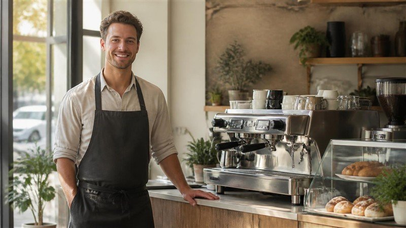 Cafe owner in apron standing by espresso machine and pastries
