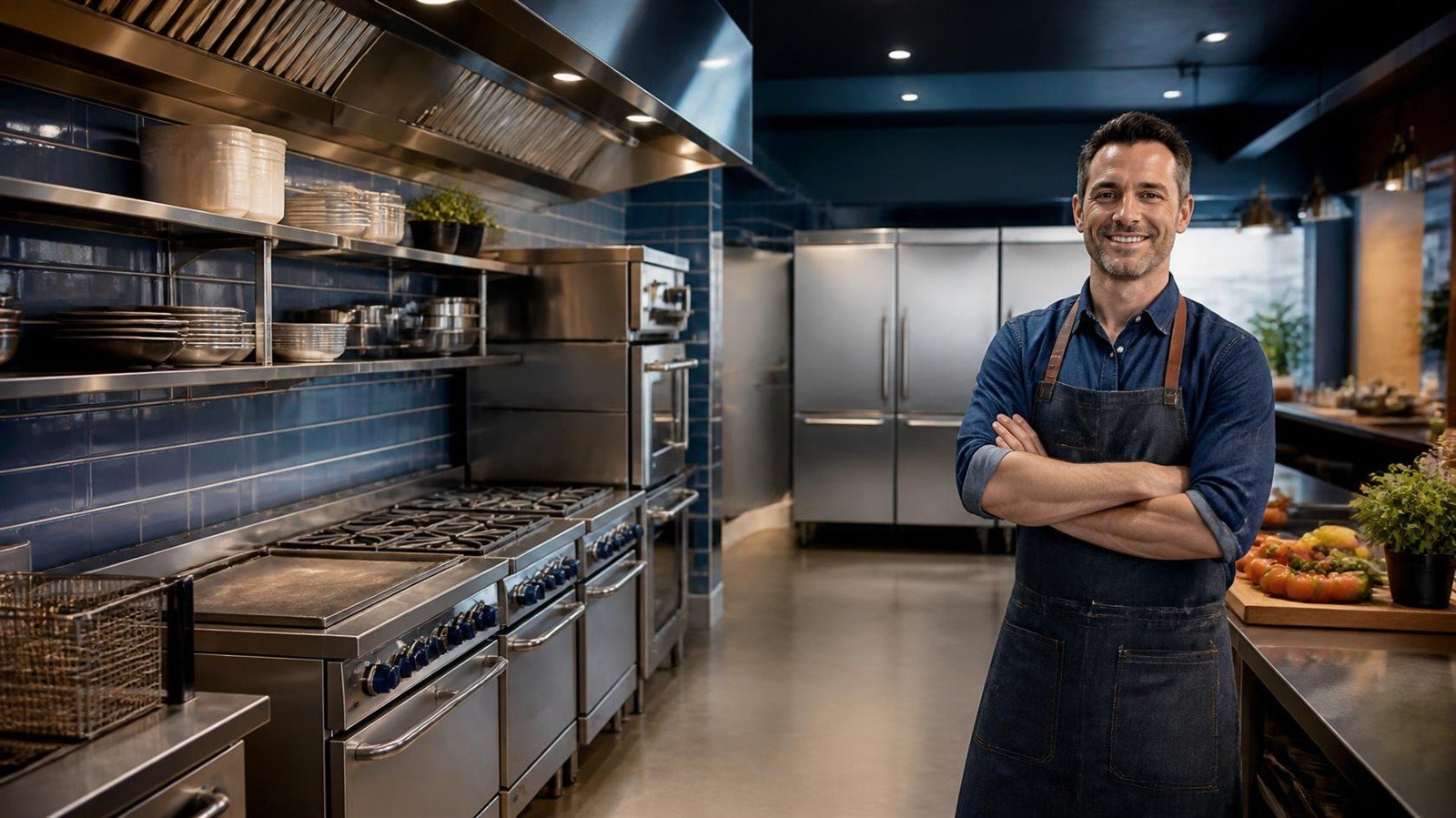 Male restaurant owner in blue denim apron standing proudly in a modern commercial kitchen