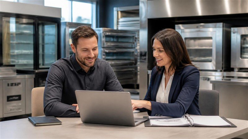 FED finance specialist reviewing financing options on laptop with restaurant owner in showroom