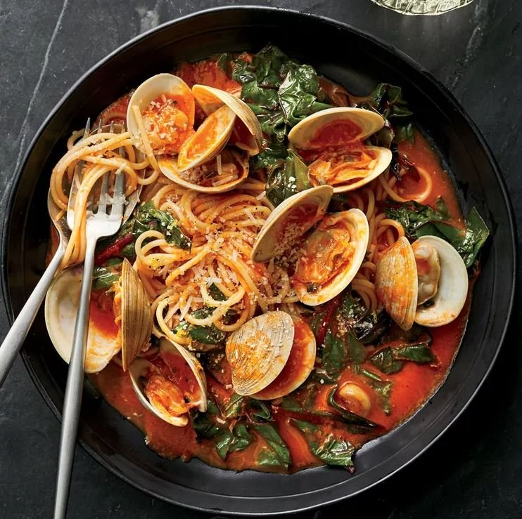 Spaghetti with Clams and Braised Greens Recipe