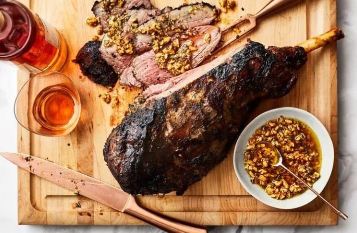 Rosé-Marinated Grilled Leg of Lamb with Walnut Salsa Fresca