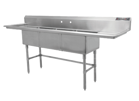 24" Corner Drain Three Compartment Sink With Right Drainboard TS2424-R