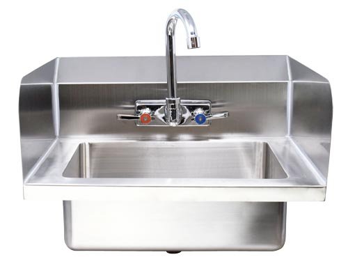 Omcan 18" x 14.5" x 11" Fabricated Hand Sink with Side Splashes, 4″ Gooseneck Faucet and Drain Basket 44586