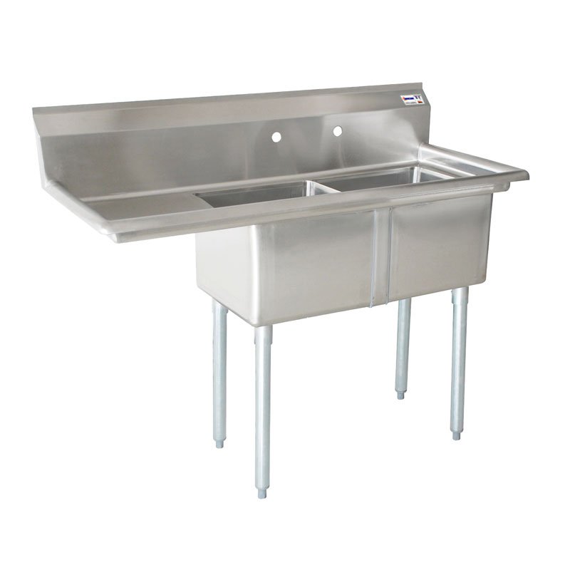 Omcan Two Tub Sink with 1.8″ Corner Drain and Left Drain Board 24″ x 24″ x 14″ 25256