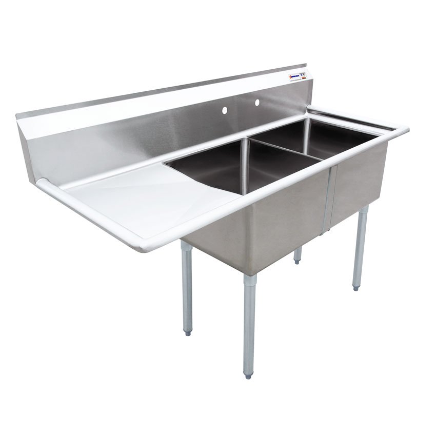 Omcan Two Tub Sink with 3.5″ Center Drain and Left Drain Board 24″ x 24″ x 14″ 43790