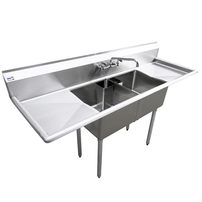 Omcan Two Tub Sink with 1.8″ Corner Drain and Two Drain Boards 18″ x 18″ x 11″ 25252
