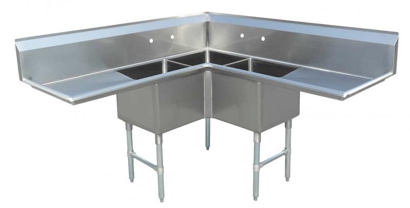 Omcan Three Tub Sink with Two Drain Boards and Corner Sink 18″ x 18″ x 14″ 43073