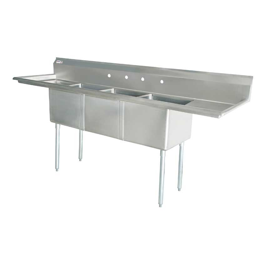 Omcan Three Tub Sink with 1.8″ Corner Drain and Right Drain Board 24″ x 24″ x 14″ 25260