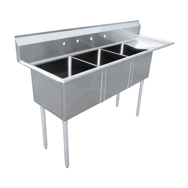 Omcan Stainless Steel Three Tub Sink with 3.5″ Center Drain and Right Drain Board 24″ x 24″ x 14″ 43788