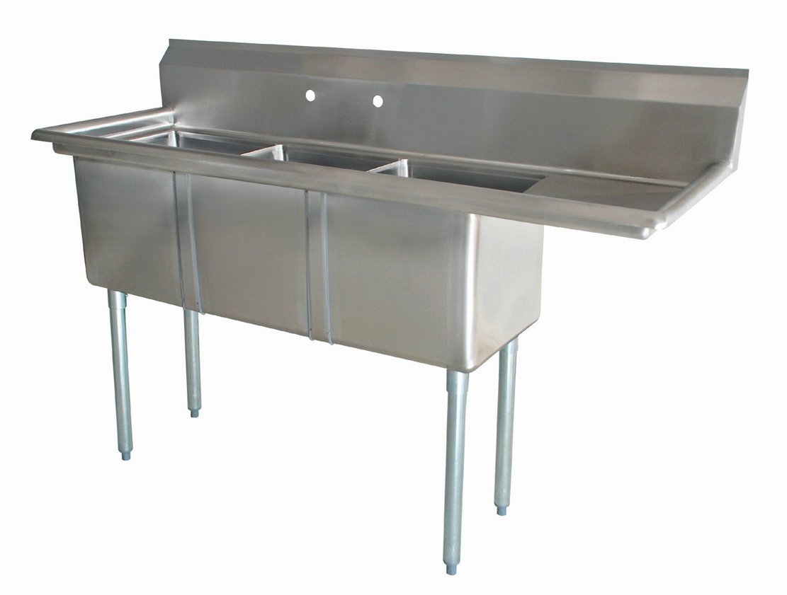 Omcan Three Tub Sink with 3.5″ Center Drain and Right Drain Board 10″ x 14″ x 10″ 43757