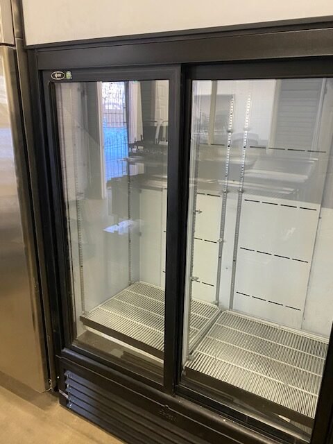 Used QBD CD45 Sliding 2 Door Upright Pop Juice Fridge Cooler 40 CuFt