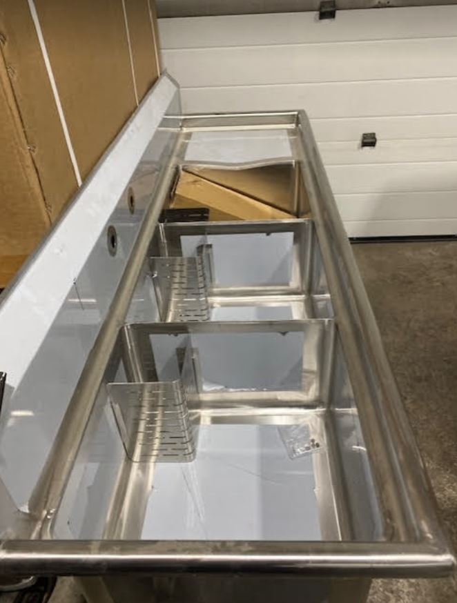 Clearance Omcan Stainless Steel 3 Compartment Sink on legs with Right Drain Board 22116-CL