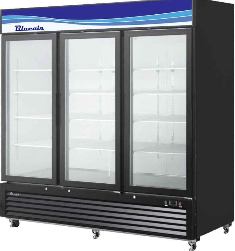 Glass 3 Door Blue Air 72 CuFt Reach In Merchandiser Refrigerator BKGM72B-HC