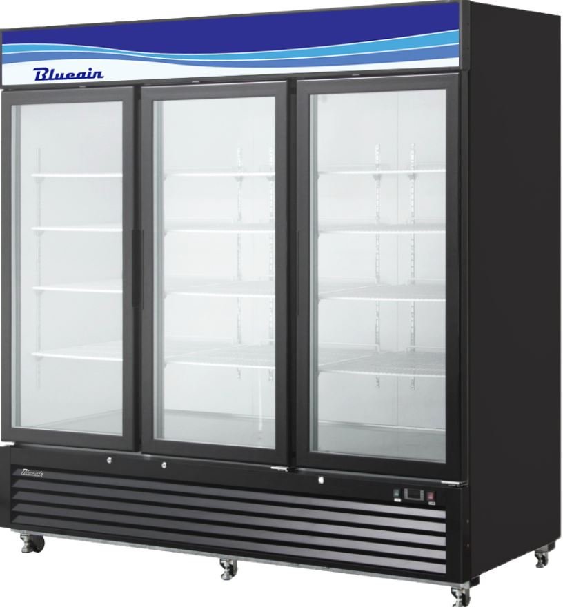 Merchandiser Blue Air 72 CuFt Glass 3 Door Reach In Freezer BKGF72B-HC