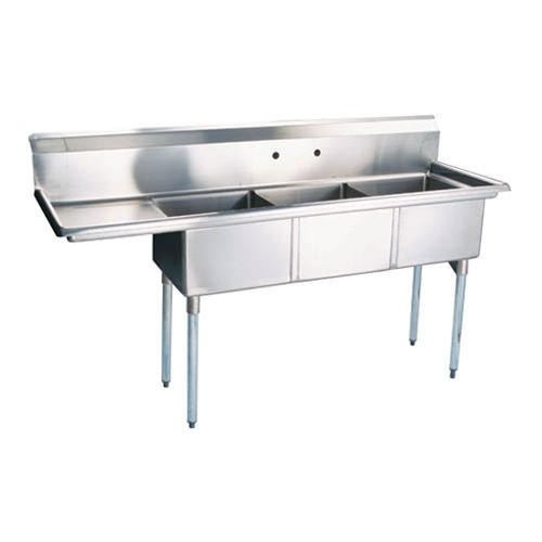 24″ x 24″ x 14″ Corner Drain Three Compartment Sink With Left Drain Board SI824-3L-V