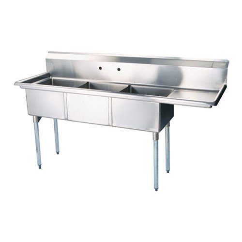 24″ x 24″ x 14″ Corner Drain Three Compartment Sink With Right Drain Board SI824-3R-V