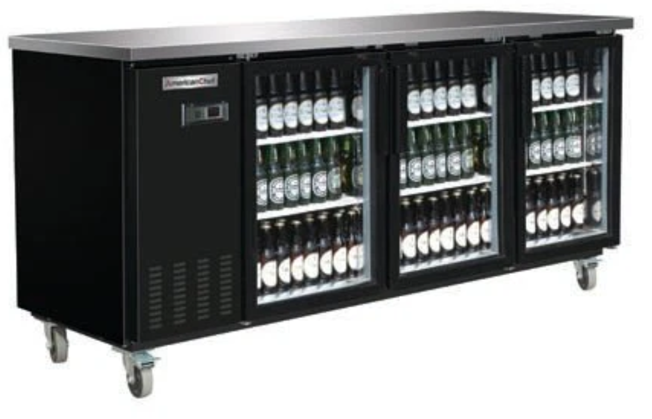 90" Commercial 2 Door Glass Back Bar Refrigerator American Chef BB2-90G