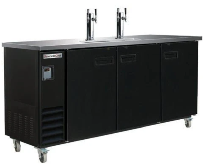 72" Triple Door Beer Dispenser Refrigerator with Double Tap Tower American Chef BBDD3-72B