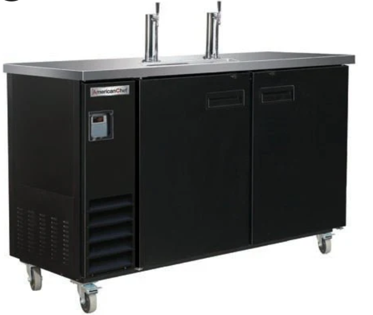 61" Double Door Beer Dispenser Refrigerator with Double Tap Tower American Chef BBDD2-61B