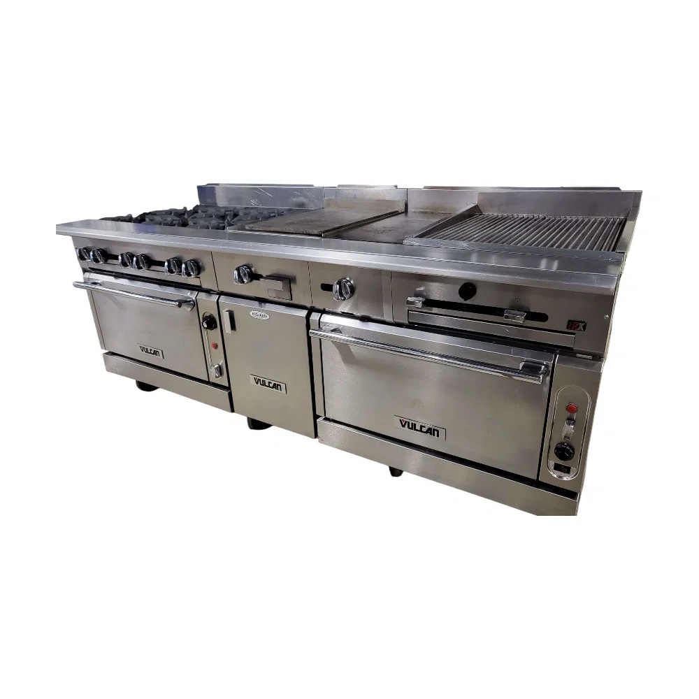 Restored Like New Vulcan VC0136-500 Custom Range: 6 Burners / 15-in Griddle / 12-in Hotplate / 24-in Char / Double Oven