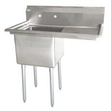 Omcan One Tub Sink with 1.8″ Corner Drain and Right Drain Board 18″ x 21″ x 14″ 25264