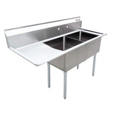 Omcan Two Tub Sink with 3.5″ Center Drain and Left Drain Board 18″ x 18″ x 11″ 43768