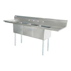 Omcan Three Tub Sink with 1.8″ Corner Drain and Two Drain Boards 24″ x 24″ x 14″ 25261