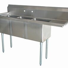 Omcan Three Tub Sink with 1.8″ Corner Drain and Right Drain Board 18″ x 21″ x 14″ 52572