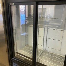 Used QBD CD45 Sliding 2 Door Upright Pop Juice Fridge Cooler 40 CuFt