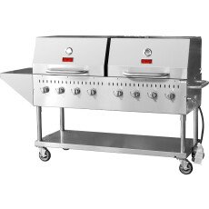 Stainless Steel Commercial Propane Outdoor BBQ Grill, 8 Burners, 128000BTU, Top And Side Shelf, 2 Roll Domes 47353