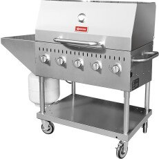 Stainless Steel Commercial Propane Outdoor BBQ Grill with 5 Burners, Top and Side Shelf and Roll Dome, 80000 BTU 47840