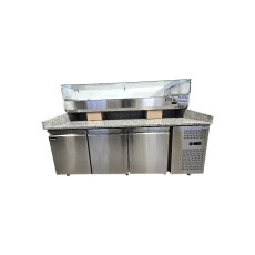 Restored Like New Omcan PT-CN-0580 Granite Top Refrigerated Pizza Prep Table - 80 Inch - 3 Solid Door with 79 Inch Refrigerated Topping Rail with Sneeze Guard