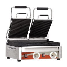 Double Panini Grill with Grooved Plates – 10" x 18" Cooking Surface 220V Omcan 19937