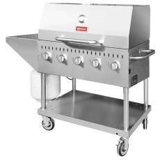 Stainless Steel Commercial Propane Outdoor BBQ Grill with 5 Burners, Top and Side Shelf and Roll Dome, 80000 BTU 47840