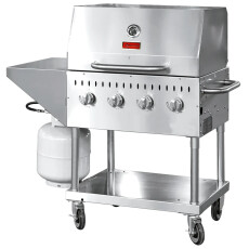 Stainless Steel Commercial Propane Outdoor BBQ Grill, 4 Burners, 64000BTU, Top And Side Shelf, 1 Roll Dome 47352