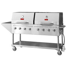 Stainless Steel Commercial Propane Outdoor BBQ Grill, 8 Burners, 128000BTU, Top And Side Shelf, 2 Roll Domes 47353