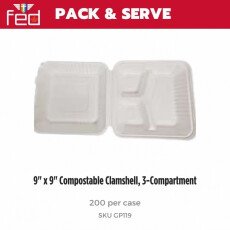 9" x 9" Compostable Clamshell, 3-Compartment - 200/Case GP119